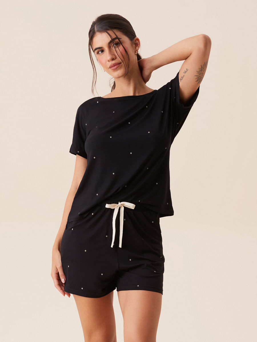 Short Doll Em Viscose Dreams Preto Com Poa Off White